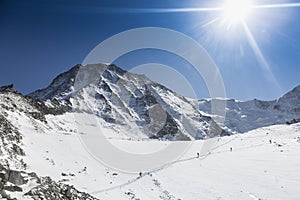 Mountaineering ascending to the Mont-Blanc via Glacier de Tete Rousse and the Grand Couloir is a couloir on the Aiguille du GoÃÂ» photo