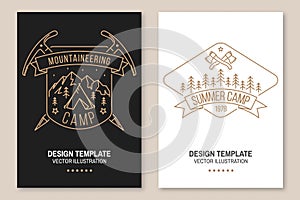Mountaineering camp badge. Vector illustration. Set of Line art flyer, brochure, banner, poster with ice axe, forest