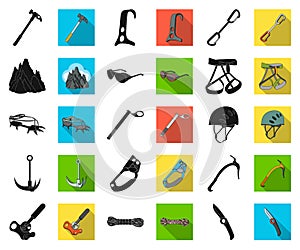 Mountaineering and climbing black,flat icons in set collection for design. Equipment and accessories vector symbol stock