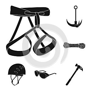 Mountaineering and climbing black icons in set collection for design. Equipment and accessories vector symbol stock web