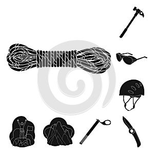 Mountaineering and climbing black icons in set collection for design. Equipment and accessories vector symbol stock web