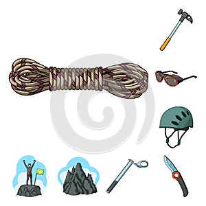 Mountaineering and climbing cartoon icons in set collection for design. Equipment and accessories vector symbol stock