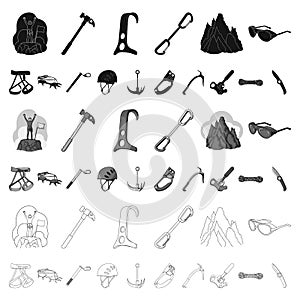 Mountaineering and climbing cartoon icons in set collection for design. Equipment and accessories vector symbol stock