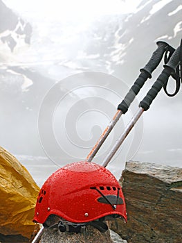 Mountaineering climbing equipment against high mountain