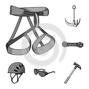 Mountaineering and climbing monochrome icons in set collection for design. Equipment and accessories vector symbol stock