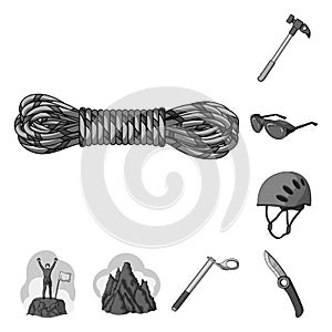 Mountaineering and climbing monochrome icons in set collection for design. Equipment and accessories vector symbol stock