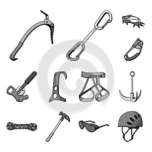 Mountaineering and climbing monochrome icons in set collection for design. Equipment and accessories vector symbol stock