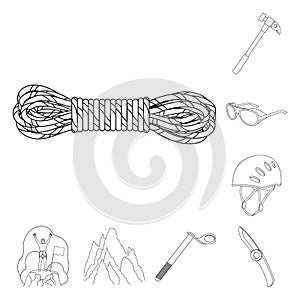 Mountaineering and climbing outline icons in set collection for design. Equipment and accessories vector symbol stock