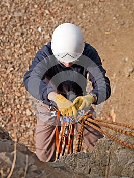 Mountaineering equipment and climber photo