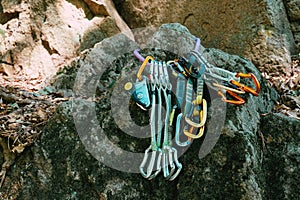 Mountaineering equipment hanging on the rocks