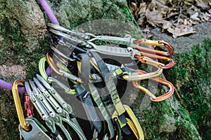 Mountaineering equipment hanging on the rocks