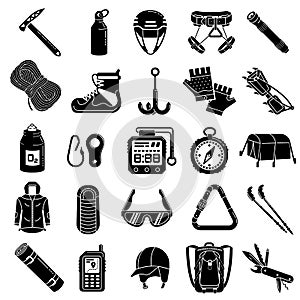 Mountaineering equipment icon set, simple style