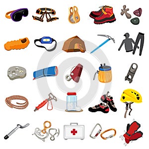 Mountaineering equipment icons set, cartoon style