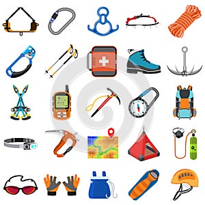 Mountaineering equipment icons set, flat style