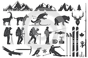 Mountaineering, hiking, climbing, fishing, skiing and other adventure icons.