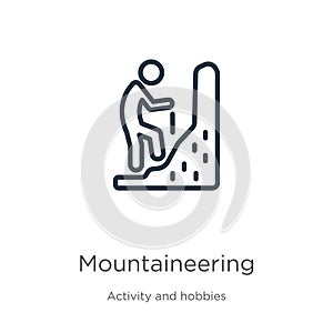 Mountaineering icon. Thin linear mountaineering outline icon isolated on white background from activities collection. Line vector