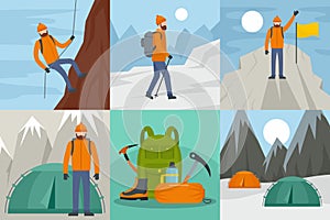 Mountaineering ride banner concept set, flat style