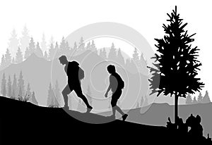 Mountaineering. Silhouettes of people climbing and hiking on forest background photo