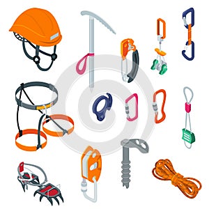 Mountaineering sport climbing equipment on alpinism extreme isometric vector illustration isolated on white.