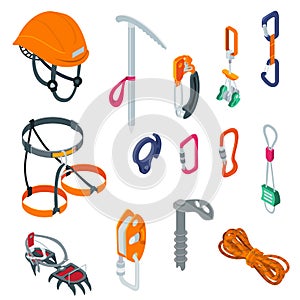 Mountaineering sport climbing equipment on alpinism extreme isometric vector illustration isolated on white. photo