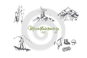 Mountaineering - sportsmen climbing mountains, camping and special equipment vector concept set