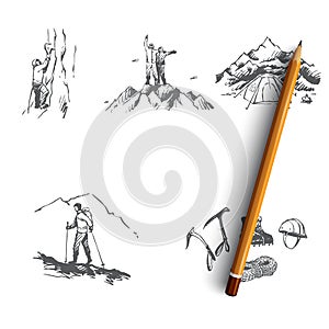 Mountaineering - sportsmen climbing mountains, camping and special equipment vector concept set