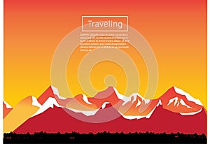 Mountaineering and Traveling Vector Illustration. Landscape with Mountain Peaks. Extreme Sports, Vacation and Outdoor Recreation C