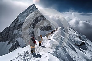 Mountaineers ascending to a high peak