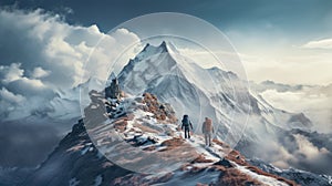 Mountaineers and snow-covered mountain peaks landscape, generative ai