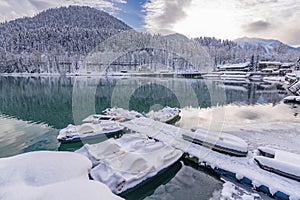 Mountaineous winter lake Ritsa in Arkhaziain winter time