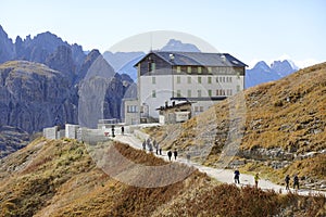 AURONZO DI CADORE, ITALY - OCTOBER 7, 2021: Rifugio Auronzo, Alpine Mountain Hut of the Italian alpine club, Tre Cime di Lavaredo.