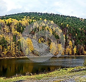 mountainous autumn river bank in the Urals