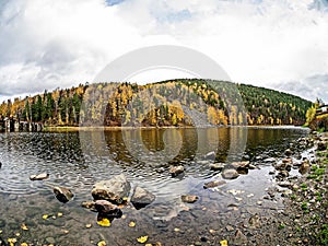 Mountainous autumn river bank in the Urals