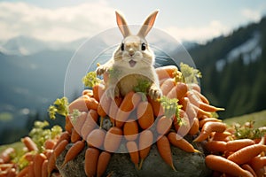 Mountainous Happy mountain rabbit with heap of carrots. Generate ai