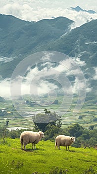 Mountainous landscape with grazing sheep and misty foggy backdrop