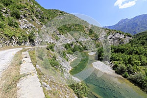 Mountainous landscape with green forests and clear rivers in the northern Dinaric Alps in Albania