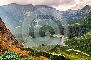 Mountainous landscape with lake in the valley