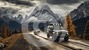 Mountainous landscape with off road vehicles driving through rugged terrain expedition