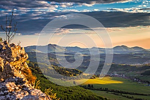 Mountainous landscape at sunset at spring time