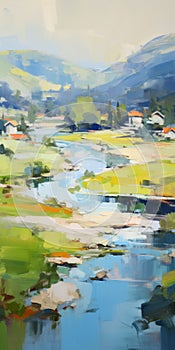 Mountainous River View: Abstract Painting In The Style Of Josef Kote photo