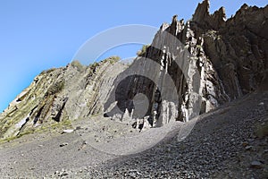 Mountainous road leading to Lahic village in Ismayilli region of Azerbaijan, with car