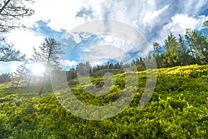 Mountainous terrain and blue sky with rays of sun