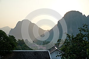 Mountainous View and House Roof in Vangvieng District, Vientiane Province, Laos.