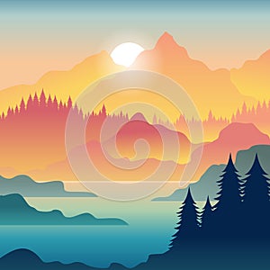 Vector landscape, sunset scene in nature with mountains