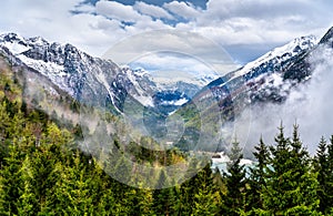 Mountains above Lake Predil in Italy