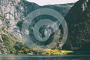 Mountains above village and fjord Landscape in Norway