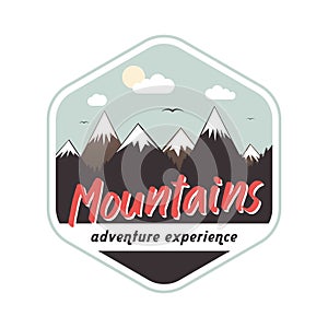 Mountains adventure badge. Vector illustration. Mountains view.