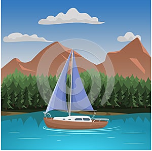 Mountains aerial view vector illustration. Mountain landscape with lake and small yacht