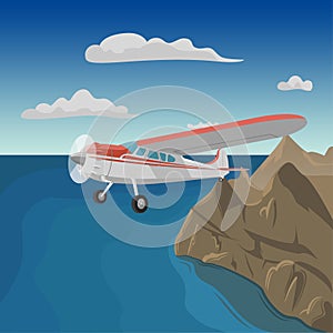 Mountains aerial view vector illustration. Mountain landscape with small plane