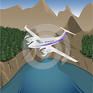 Mountains aerial view vector illustration. Mountain landscape with small plane